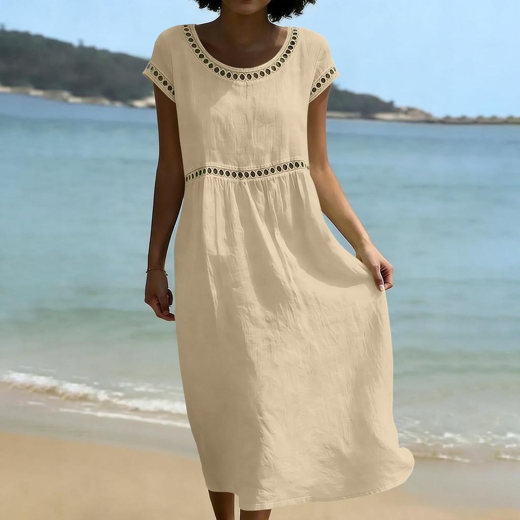 Women Casual Embroidered Trim Round Neck Midi Dress Cotton Linen Short Sleeve Loose Fit Summer Style Comfortable