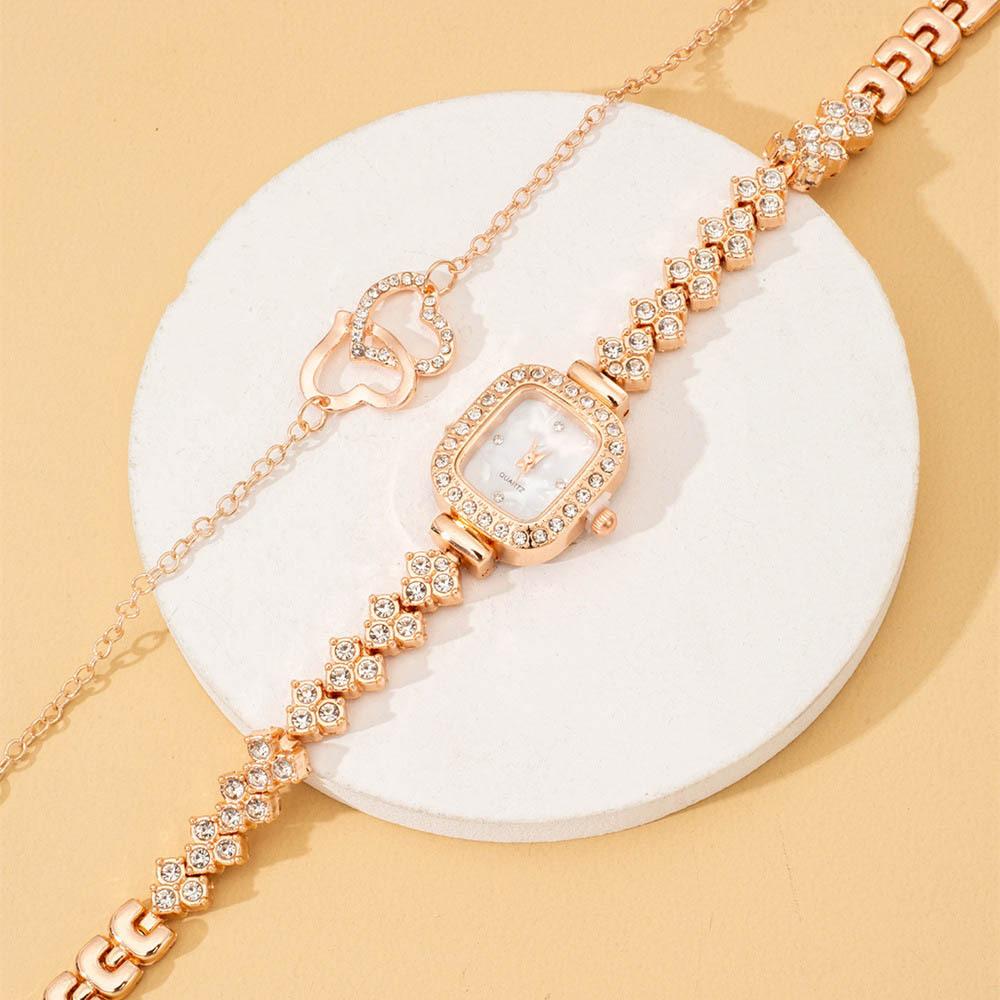 Ladies Trendy Small Sugar Cube Bracelet Watch, Light Luxury Rose Gold Gypsy Star Diamond Set Love Bracelet Set