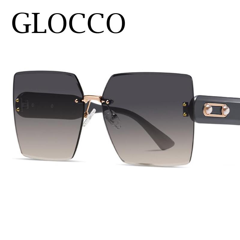 Trendy Rimless Sunglasses Women Fashion Oversized Square Sun Glasses Elegant Pearl Black Shades for Outdoor Travel
