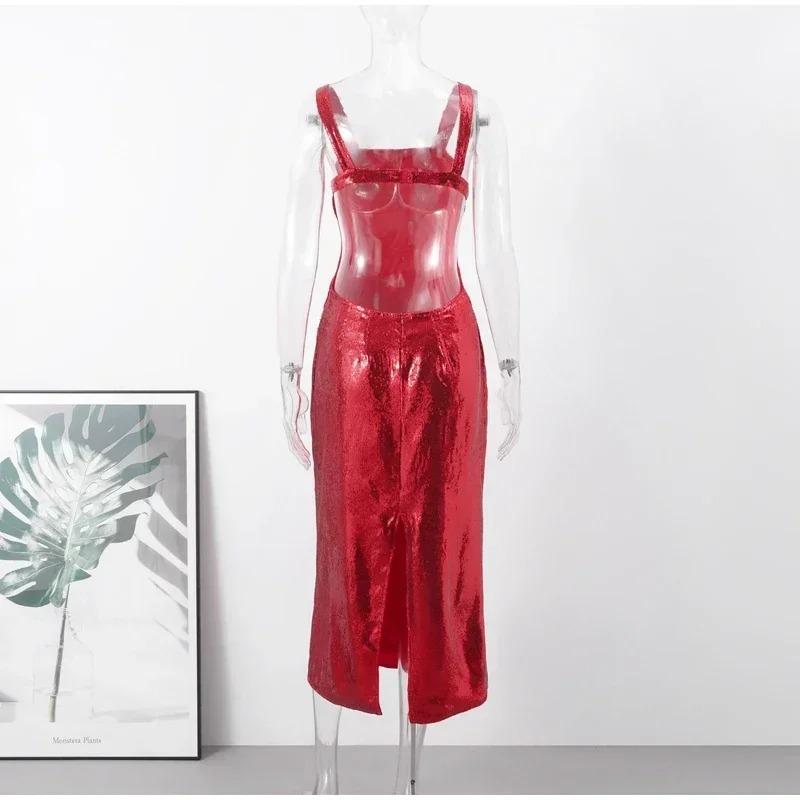 Sexy Sequins Backless Slip Maxi Dress Women Sleeveless Bodycon Hip Package Dresses Summer Party Evening Robe