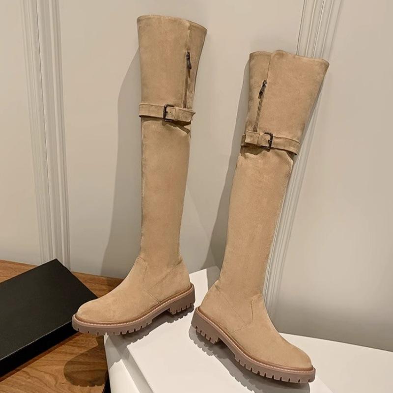 Eversion mocka lammull plattbottnade riddarstövlar 2025 höst och vinter nya förtjockade mångsidiga sammet snö knästövlar dam