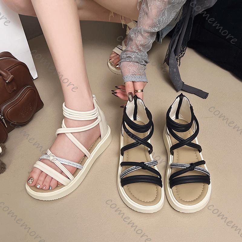 Fashion Comemore Summer New Fashion Rhinestone Flat Bottom Sandals Roman Style Cove Heel Outdoor Sandales Casual Cross Strap Women Shoes