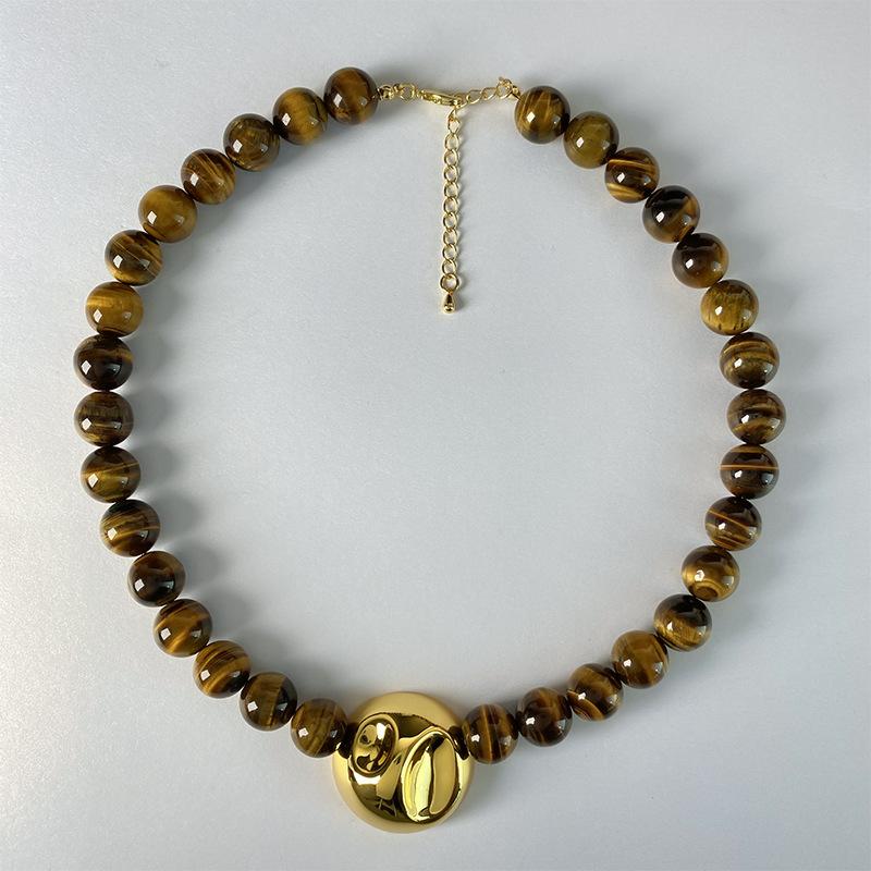 

Tiger s eye stone with metal pendant beaded necklace - luxurious, high-end, retro, and unique choker