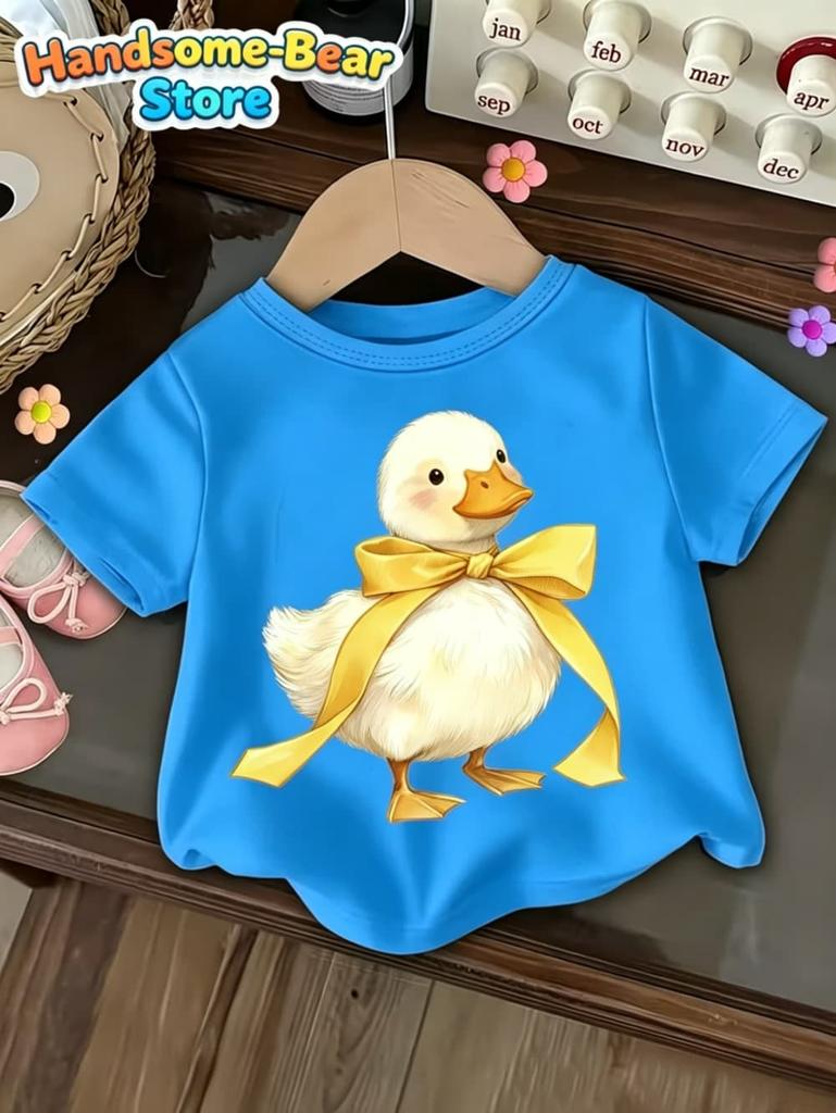 Cute Bow Duck Print Short-Sleeved T-Shirt for Girls Soft Round Neck Top Fashion Loose Summer Gift for Girls Casual Girl Clothes