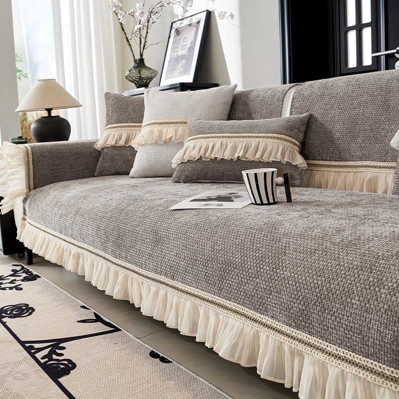 

1 шт. Однотонный жаккардовый чехол на диван из шенилла с оборкой, для современной гостиной, противоскользящий чехол на сиденье дивана, мебель 90x70cm серый
