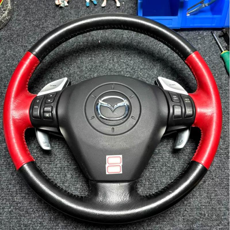 For Mazda RX-8 RX8 2004-2008 ize Hand-stitched Fully Covered Red Leather Car Steering Wheel Cover Car Interior