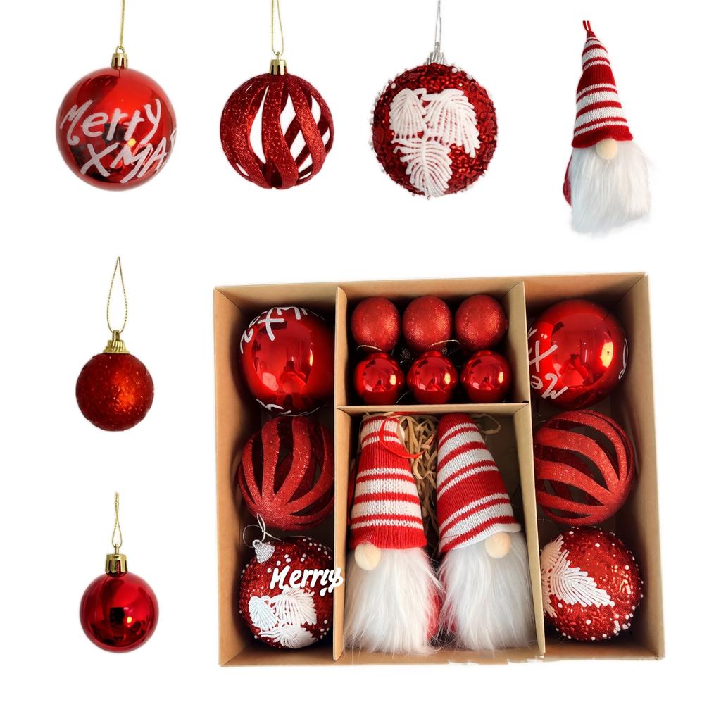 Christmas Ornaments Set with Faceless Santa Hanging Decor, Painted and Flocked Tree Balls, Box