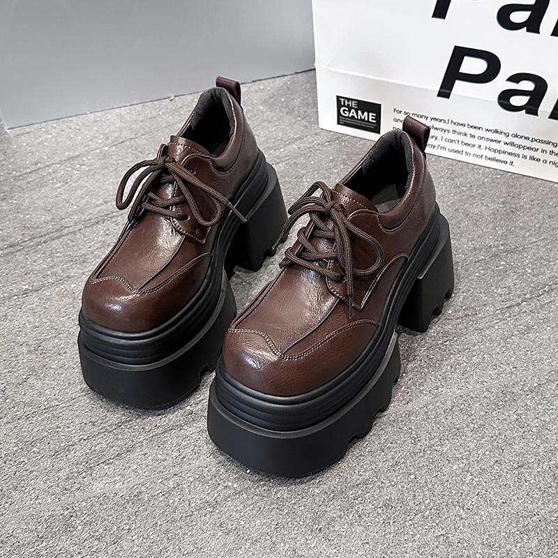 Fashion 10CM Heels Women's High Platform Leather Shoes New 2025 Autumn Chunky Sneakers Female Lace-up Loafers Walking Shoes Woman
