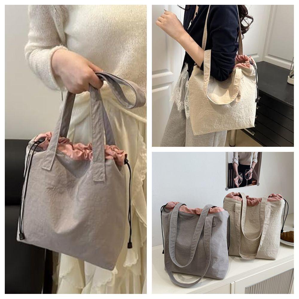 New Casual Drawstring Shoulder Bag Khaki Color Lightweight Handbag Trendy Large Capacity Tote Bag