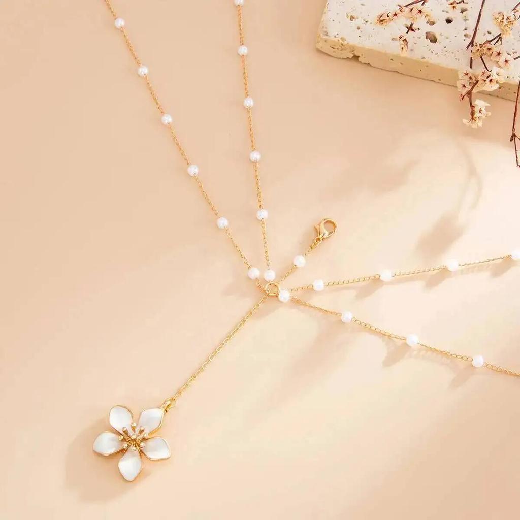 IngeSight.Z Bohemia Bikini Imitation Pearl Waist Body Chain Summer Beach Charm Drip Oil Flower Pendant Belly Belt Chain Jewelry