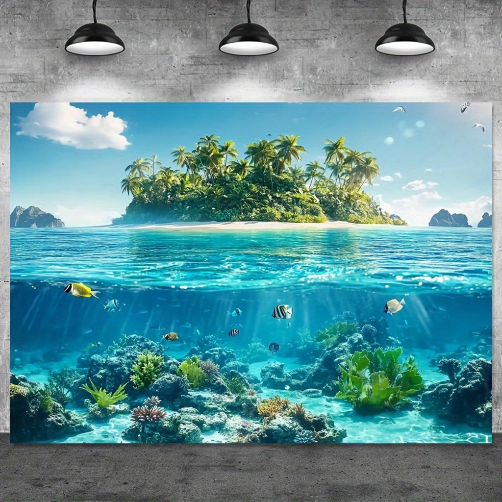 2D plane 1 piece - Tropical beach and underwater scene - Blue sea water palm trees coral reefs blue turtles