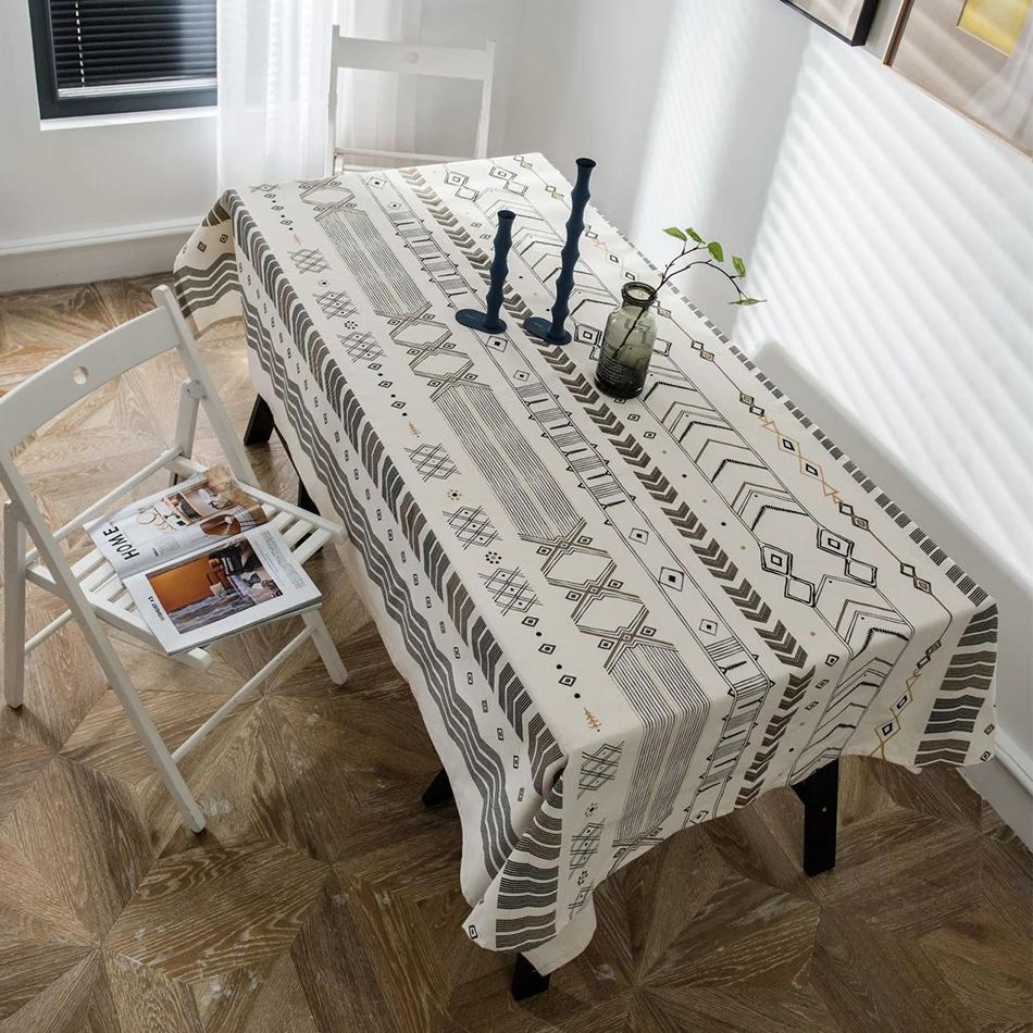 Cotton Linen Tablecloth,Geometrical Pattern Rectangle Tassel, Dust-Proof Table Cover,for Kitchen Dinning Party Tea Table Decor