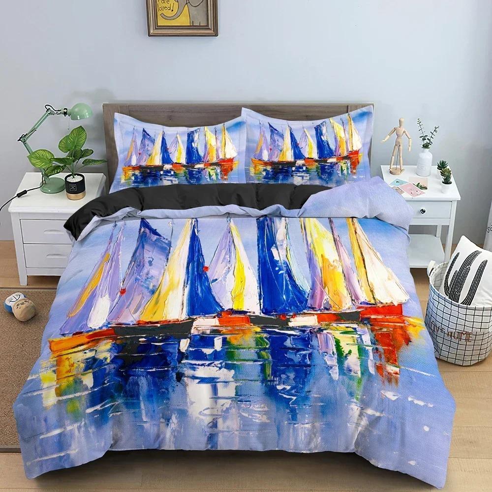 Watercolor Sailboat Bedding Set For Bedroom Soft Modern Bedspreads Comefortable Kids Duvet Cover Quilt Cover And Pillowcase