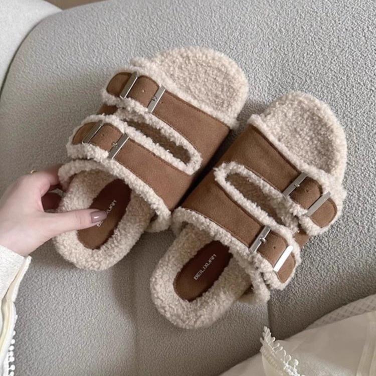 Fashion Women's Fashion Flat Woolen Shoes Autumn New Round Head Open Toe Belt Buckle Thick Bottom One Word with Cashmere Cotton Slippers