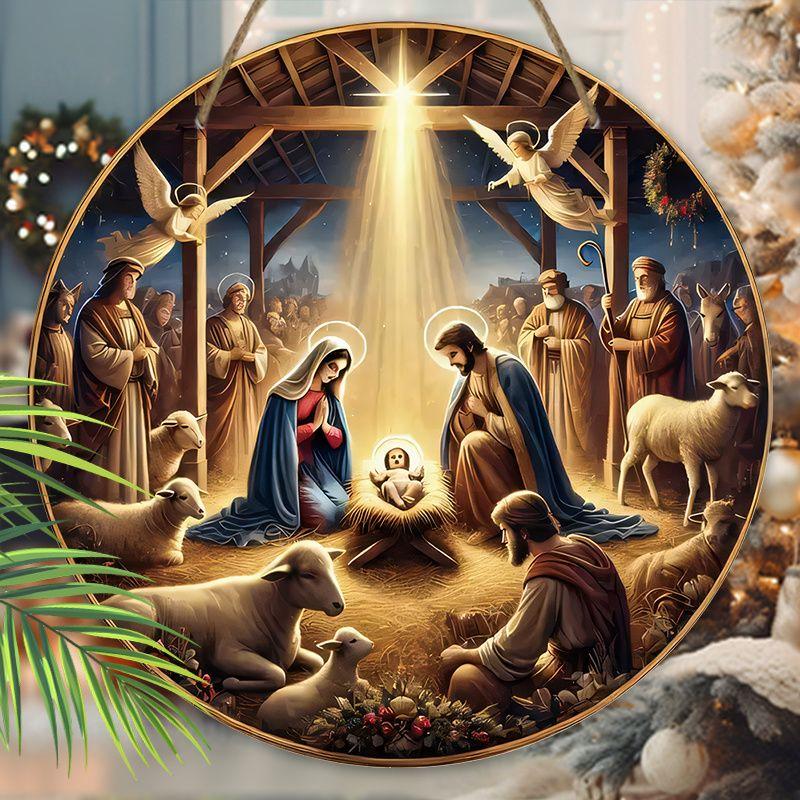 Přívěsek Svatá noc Betlémská scéna, dekorace na stěny nebo dveře domova, 2D plochý dřevěný, vánoční dekorace, dárky pro přátele a rodinu
