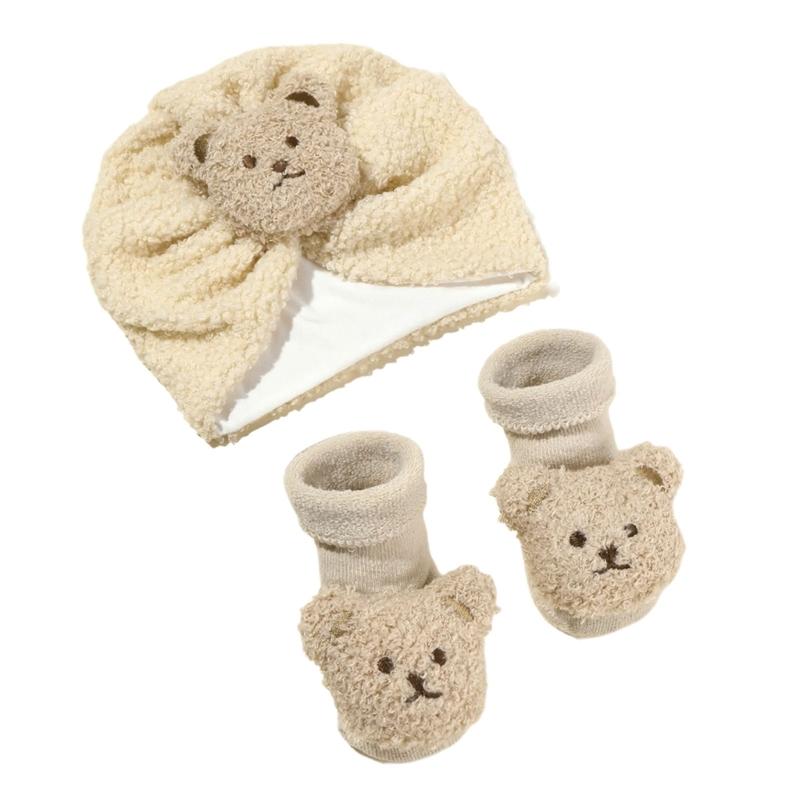 

2PCS Cartoon Bear Hat & Floor Shoes Baby Winter Warm Bonnet Caps and Sock Set Thicked Indian Hat with Indoor Socks бежевый
