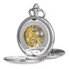TREEWETO Mechanical Pocket Watch Antique Golden Dial Skeleton Roman Numerals Silver Double Hunter with Chain Lid