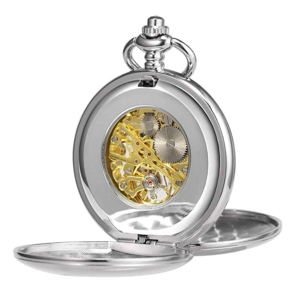 TREEWETO Mechanical Pocket Watch Antique Golden Dial Skeleton Roman Numerals Silver Double Hunter with Chain Lid