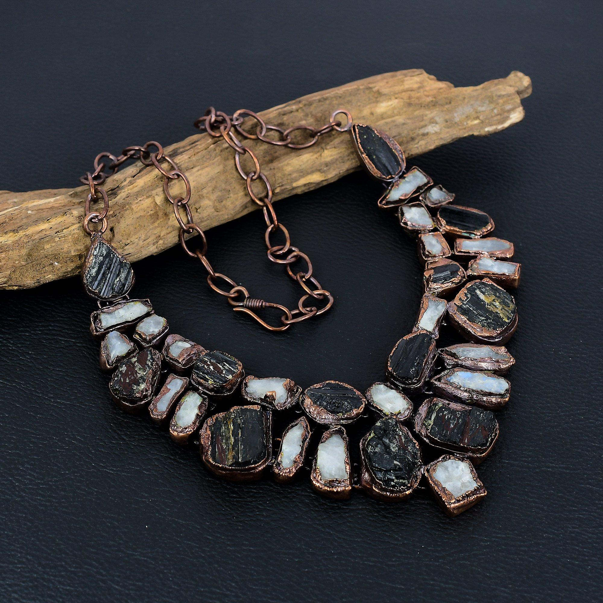 

Black Tourmaline Rough Gemstone Necklace, Copper Electroformed Handmade Designer Necklace Jewelry, Adjustable Chain Necklace Gift For Women