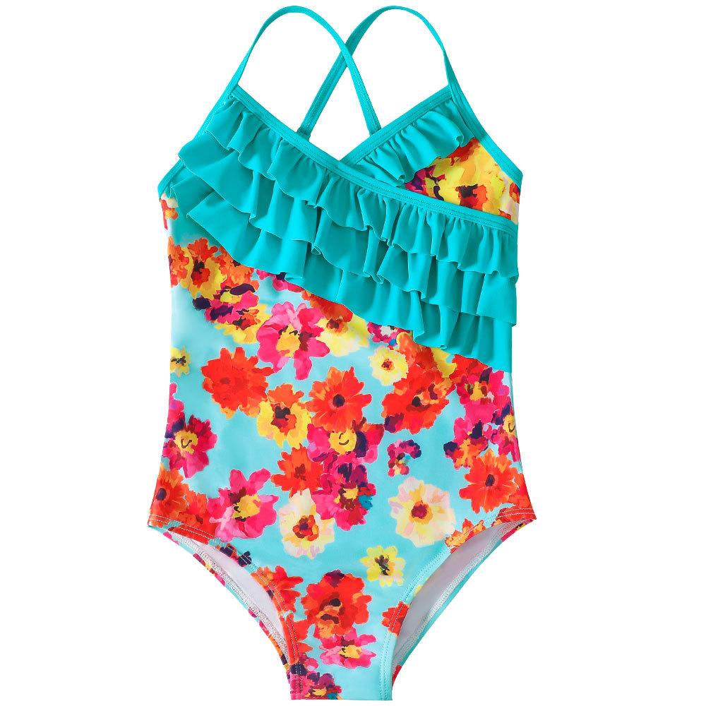 Cute Summer Kids Baby Girl Swimwear Flower Print Ruffle Sleeveless Swimming Bathing Suit Holiday Beachwear One Piece Bodysuit