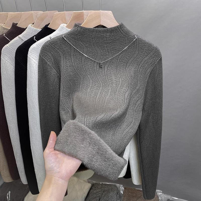 Autumn and winter fleece thickened sweater schoolgirl integrated fleece with semi-turtleneck knitted wool cashmere bottoming shirt top