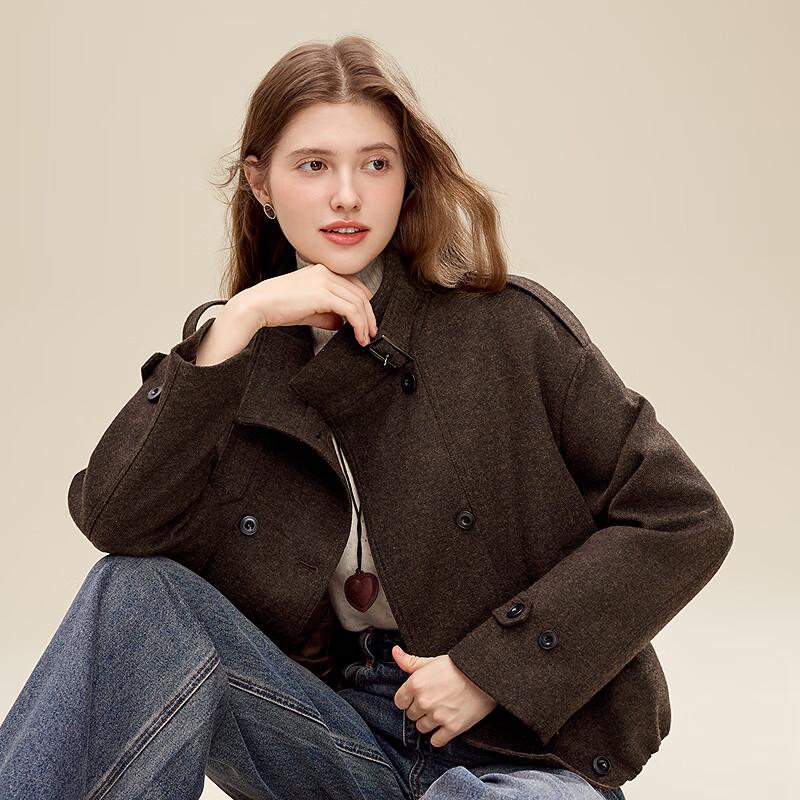 Betu Women's Winter Stand Collar Double-breasted Wool Blend Short Coat