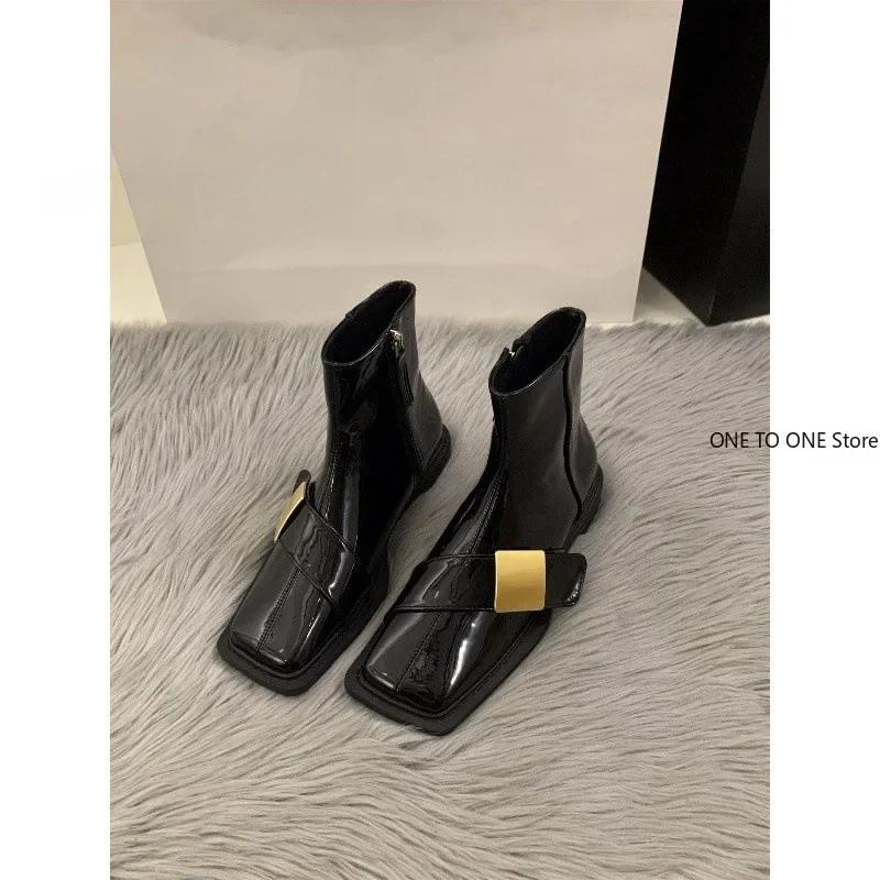 Fashion 2025 Women Ankle Boots Designer Square Toe Leather Shoes New Chunky Heels Zipper Fad Brand Motorcycle Goth Snow Botas De Mujer