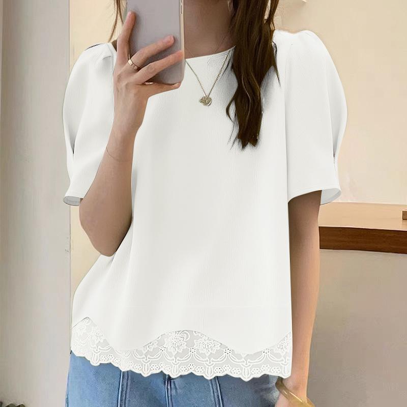 ZANZEA חולצת נשים קז'ואלית עם צווארון עגול ושרוולים קצרים, תחרה מחוברת