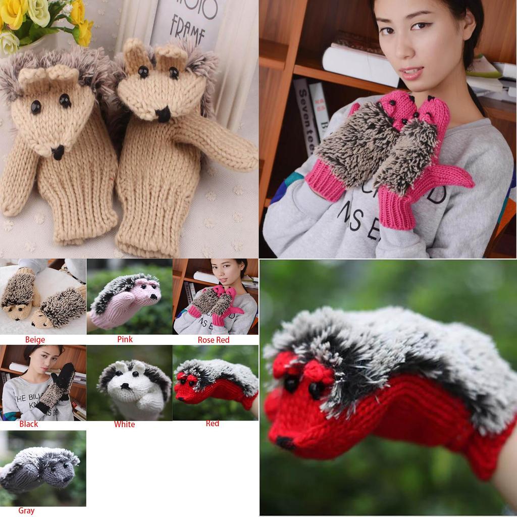 Cozy Women Girls Warm Cartoon Hedgehog Gloves Soft Knitted Winter Mittens