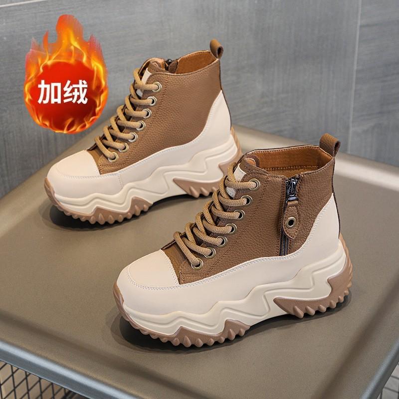 Autumn and winter new thick-soled cm height-increasing casual women's cotton shoes trendy short boots lace-up zipper high-top women's shoes
