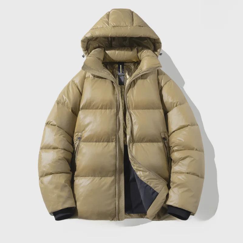 

Блестящий пуховик унисекс: Утолщенный белый утиный пух, свободный крой, зимний стиль 2023 г. 2XL кофейный