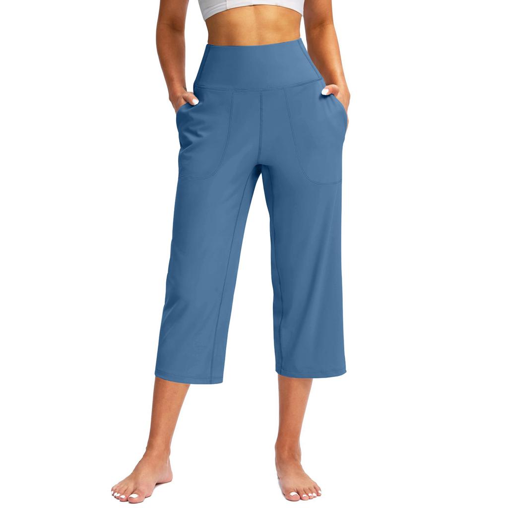 women's High Waist Solid Color Capris Wide Leg Pants Casual Pocket Yoga Cropped Trousers