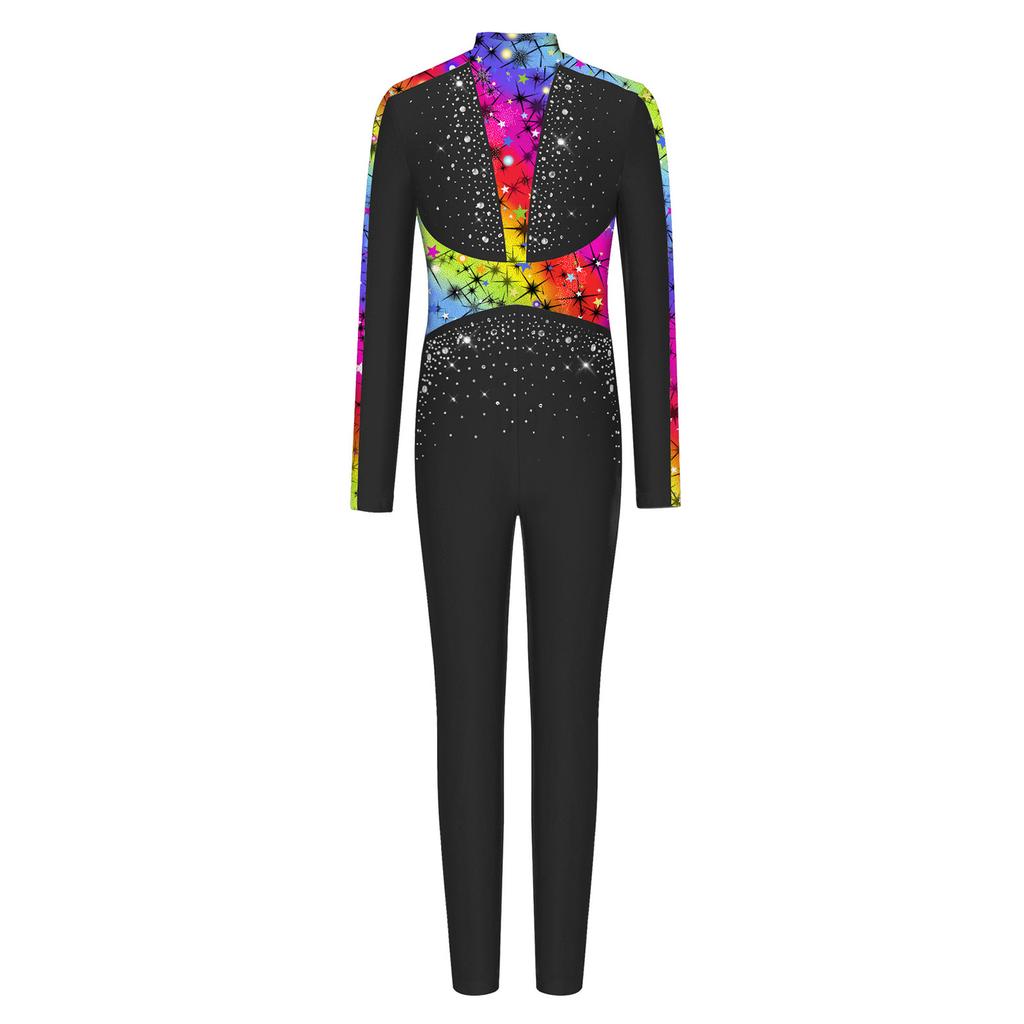 Leotard da Ballo da Bambina a Maniche Lunghe con Paillettes e Strass, Lucido, Full Body, Zip Invisibile Posteriore