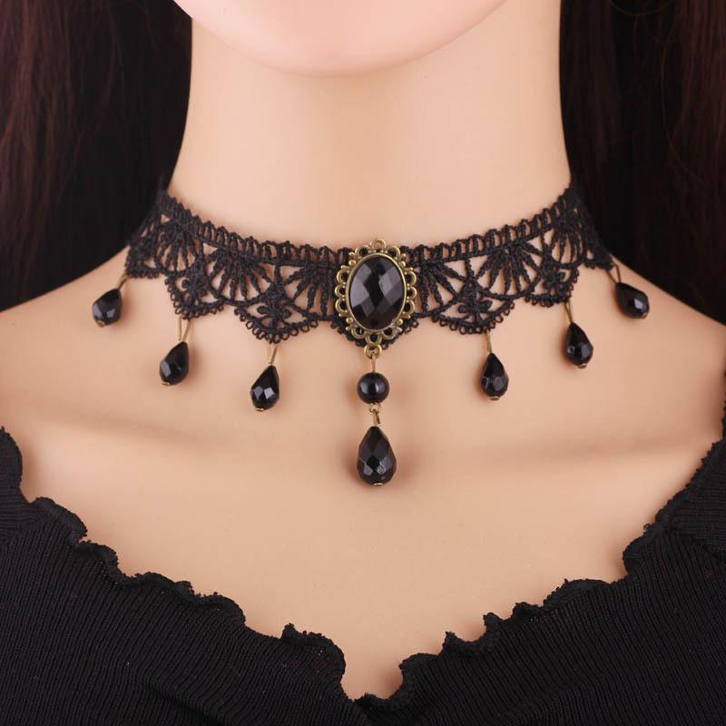 Party Black Beaded Flowers Sexy Lace Neck Choker Necklace Tassel Chain Women Halloween Jewelry