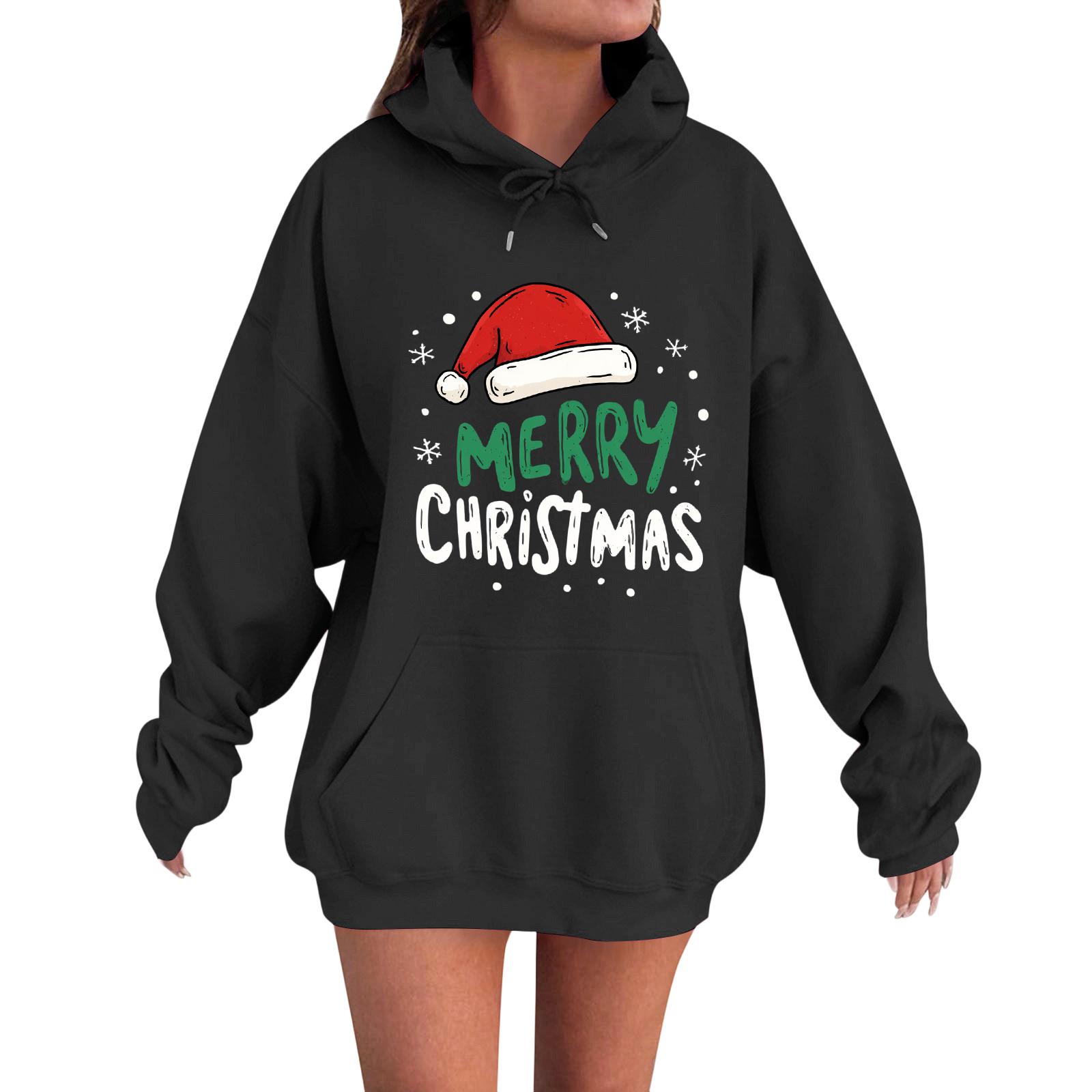 

Женская модная повседневная толстовка с капюшоном и длинными рукавами свободного кроя с рождественским принтом S чёрный