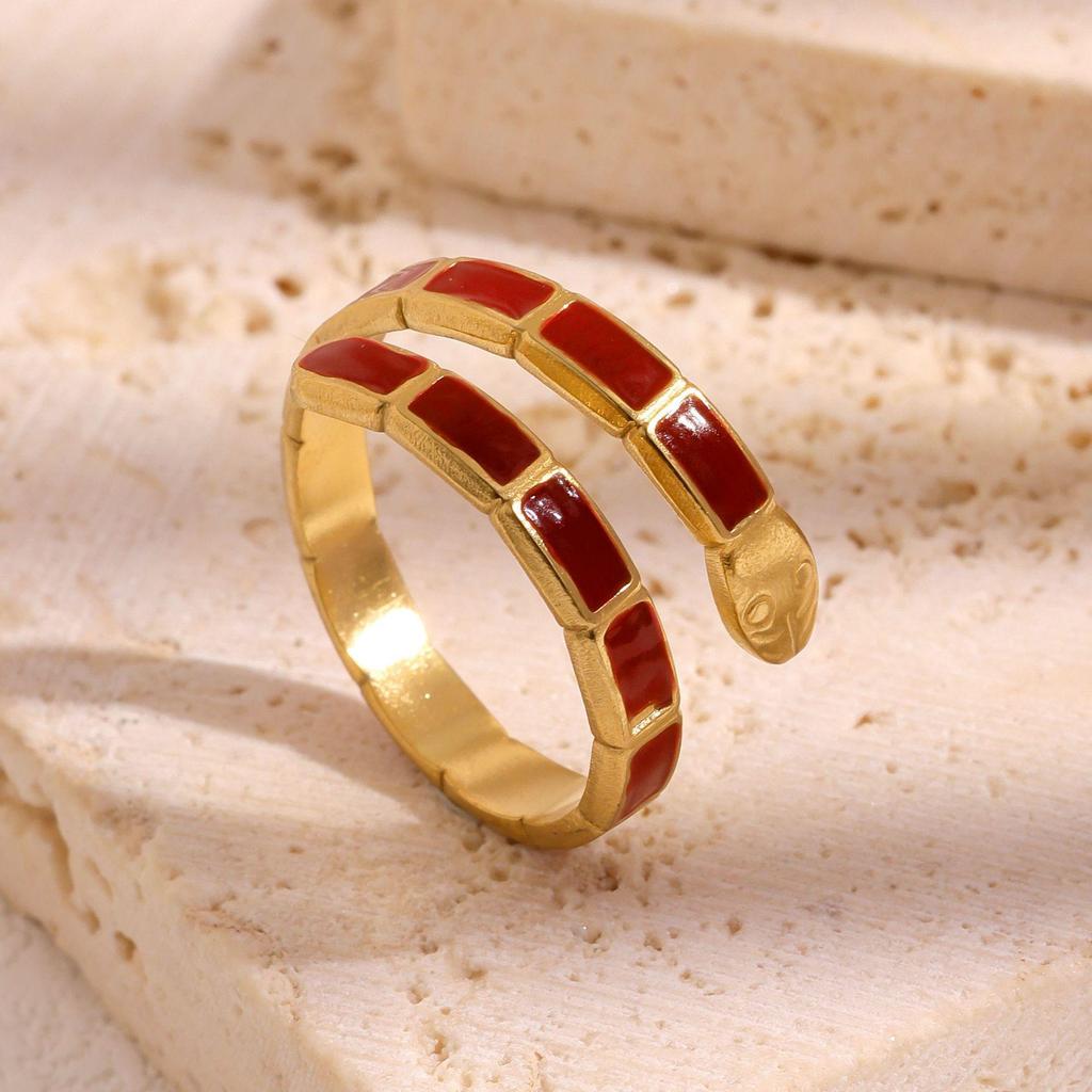 Gold-Plated Snake-Shaped Titanium Steel Adjustable Ring for Women - Retro, Colorfast, European & American Fashion.