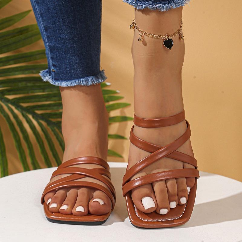 Fashion Plus Size Flat Slippers Women's Outside Wear Summer New Square Toe Open Toe Slim Strap Super Soft One-Line Lightweight Slipper