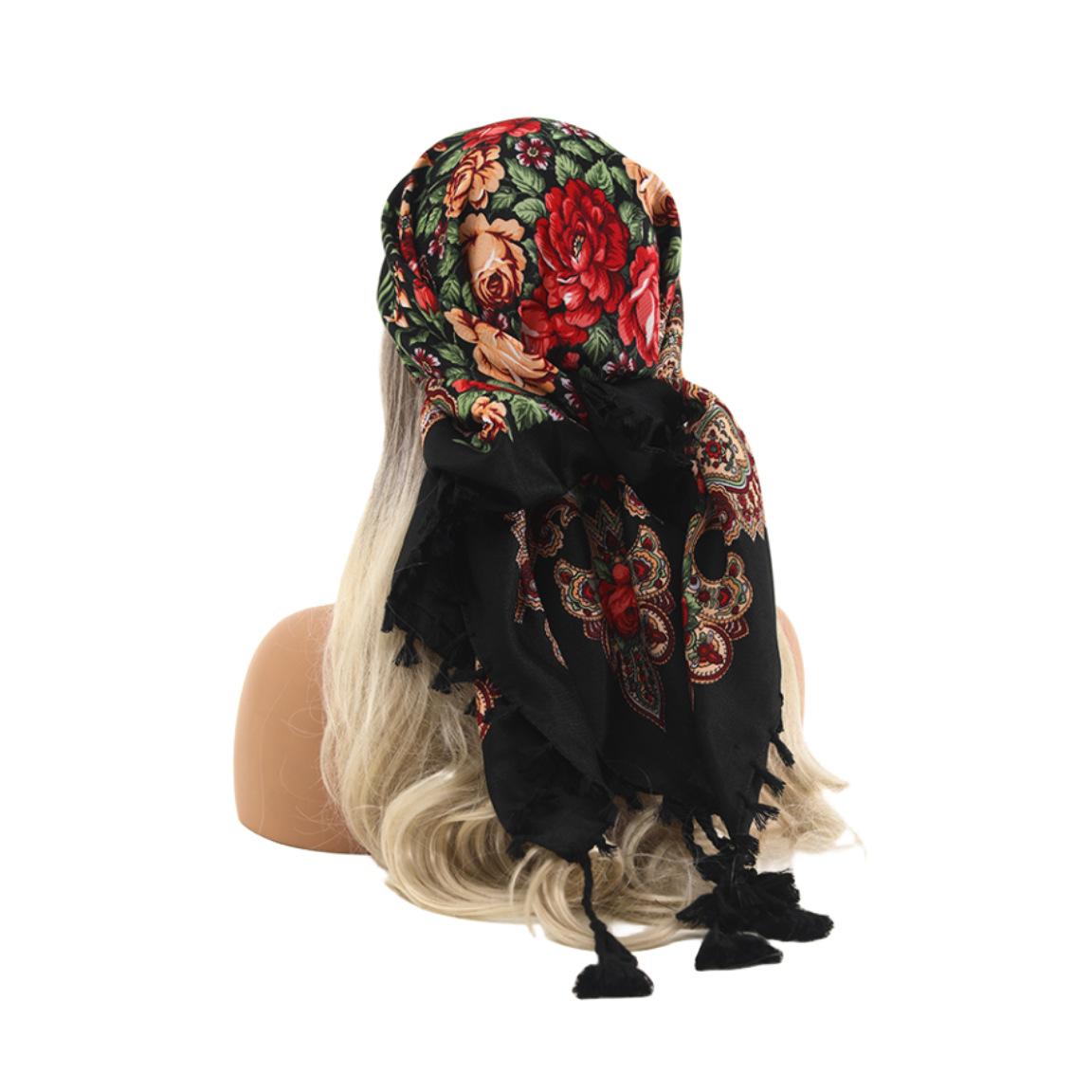 

Ladies Printed Headscarf Vintage Broom Knot Tassel Multipurpose Square Scarf Winter Shawl 90*90