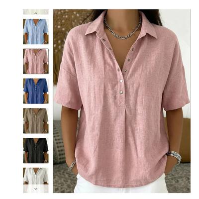 Summer Cotton Linen Women's Clothing Loose Comfortable Stand-Collar Short Sleeve Solid Color Shirt