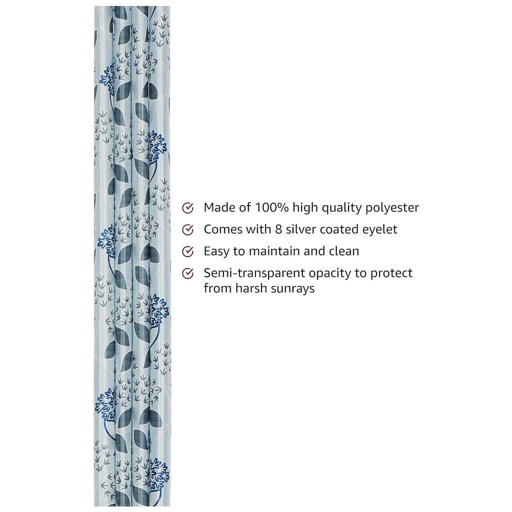 Pack of 2  Polyester Floral Print Window Curtain Regular Print 135 GSM , White & Blue