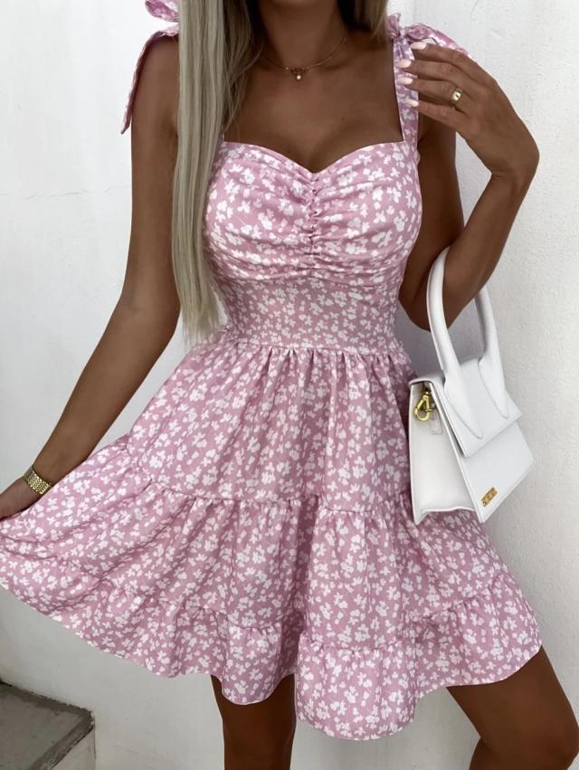 Women's Fashion Casual Printed Broken Flower Waist Bow Short Sleeve Dress