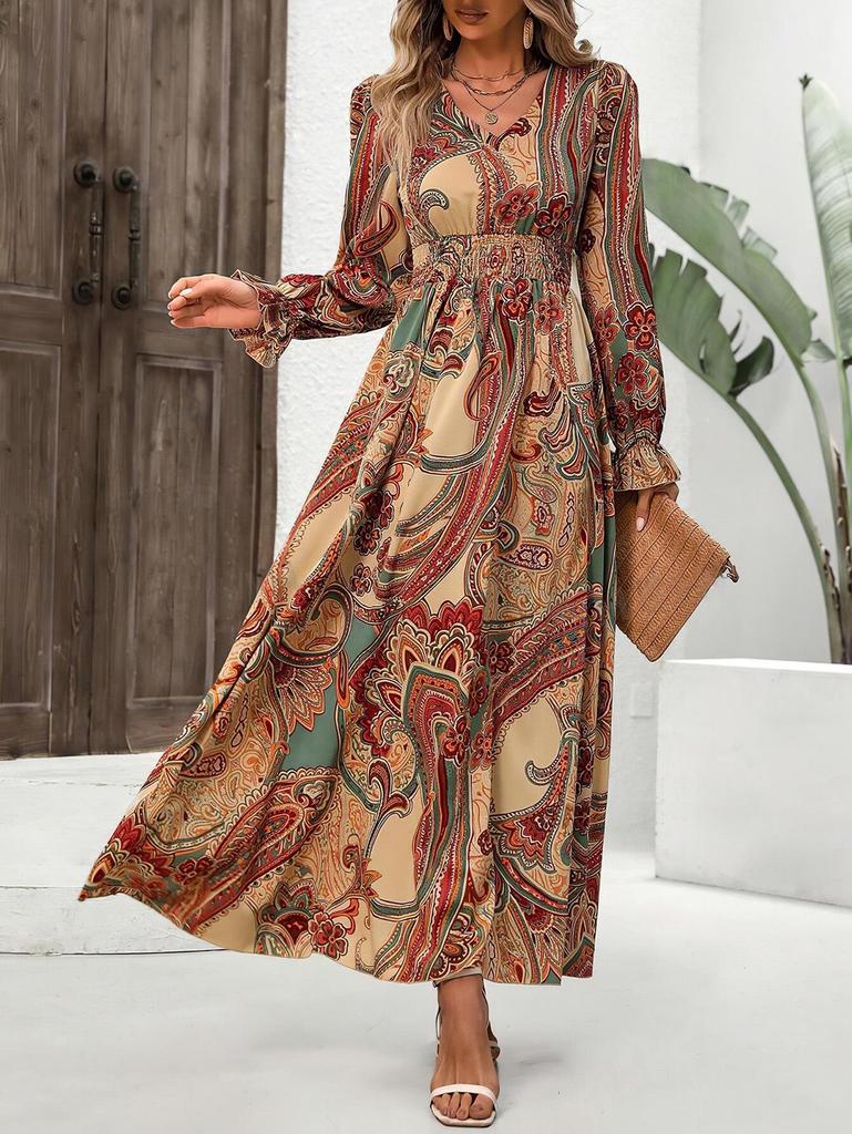 2024 Women's Autumn V-Neck Long-Sleeve Print Dress