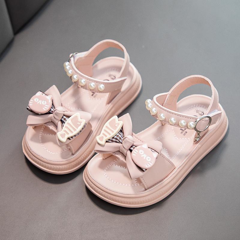 

Girls Beach Shoes Non-slip Soft Sole Kids Princess Shoes Cute Cat Sweet Bows 2025 Summer New Children Sandals Beading Elegant 27 розовый