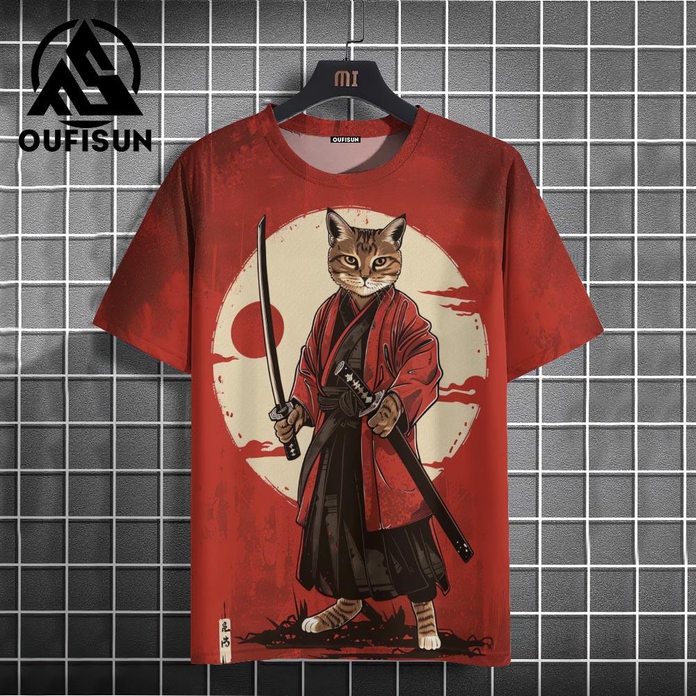 Samurai Cat Pánská móda Japonské hip-hopové tričko s krátkým rukávem