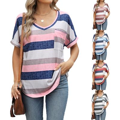 2025 Spring Summer Women's V Neck Batwing Sleeve Pocket T-Shirt, Printed Striped Casual Blouse Top
