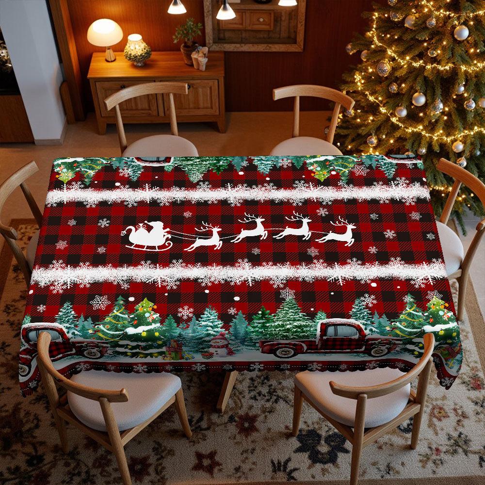 Runde Tischdecke mit Weihnachtsmotiv, Rot und Schwarz kariert, Schneemann/Weihnachtsbaum-Druck, Tischdekoration