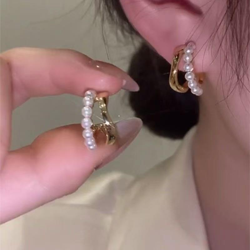 Elegant Gold Double C-Shaped Pearl Stud Earrings for Women