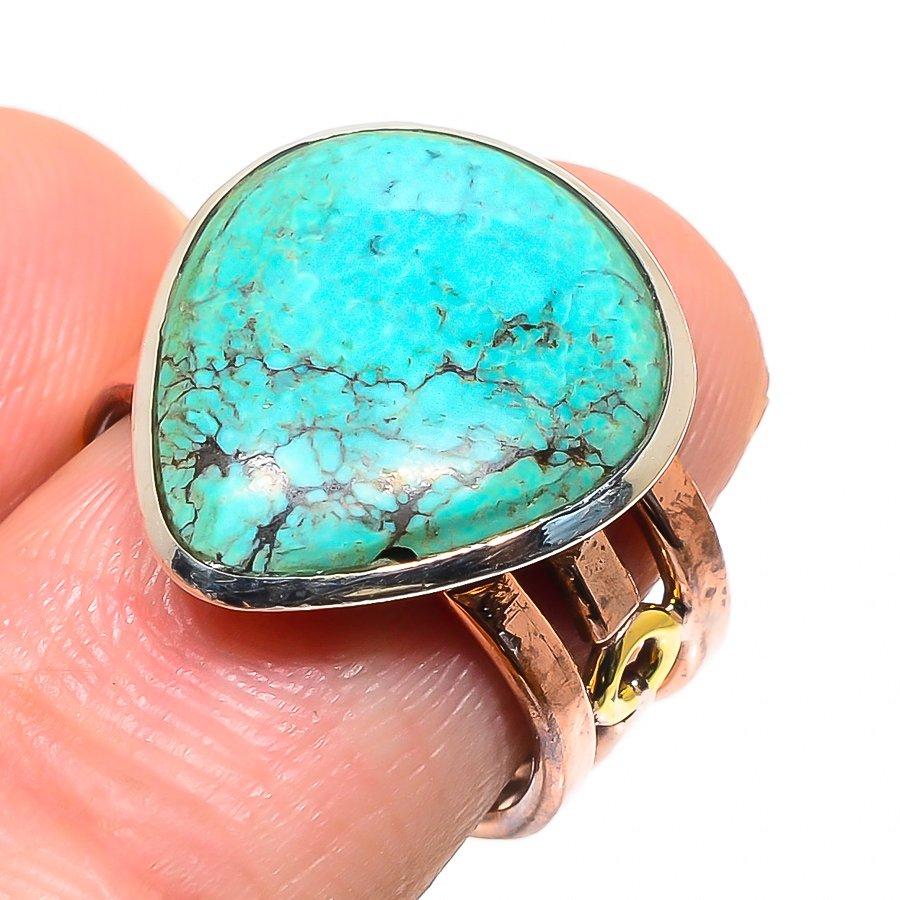 Natural Tibetan Turquoise Two Tone 925 Sterling Silver Jewelry Ring S.7.5 O0n71