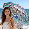 Romantic Vintage Stained Glass Automatic Rainbow Clear Umbrella for Women Rainy Day Fashion Accessory