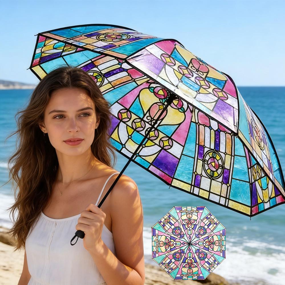 Romantic Vintage Stained Glass Automatic Rainbow Clear Umbrella for Women Rainy Day Fashion Accessory